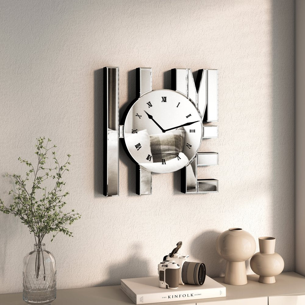 14" Silver Mirrored Glass Silent Analog Home Wall Clock HomeRoots