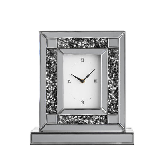 16" Silver And Black Faux Crystal And Mirrored Glass Table Clock HomeRoots