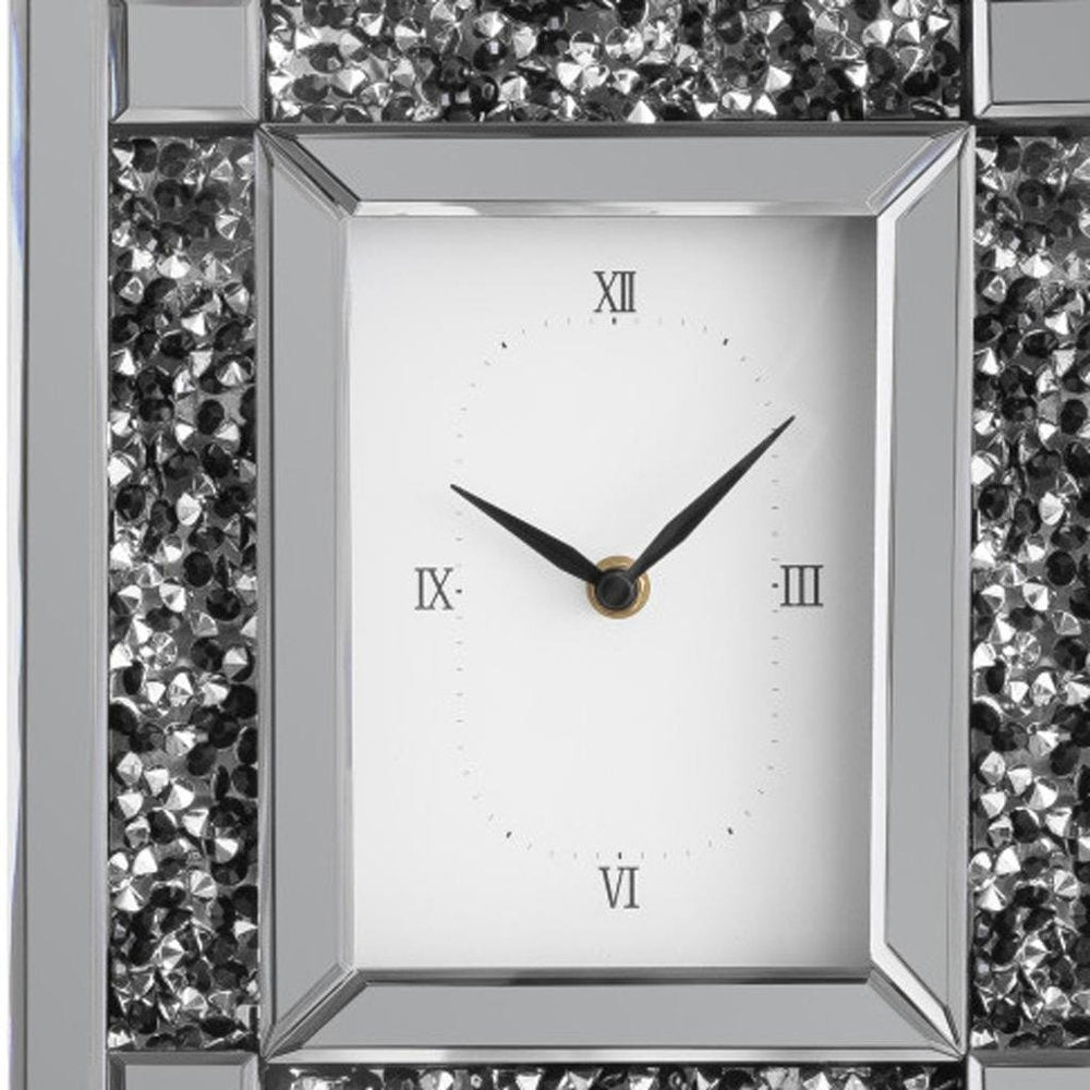 16" Silver And Black Faux Crystal And Mirrored Glass Table Clock HomeRoots