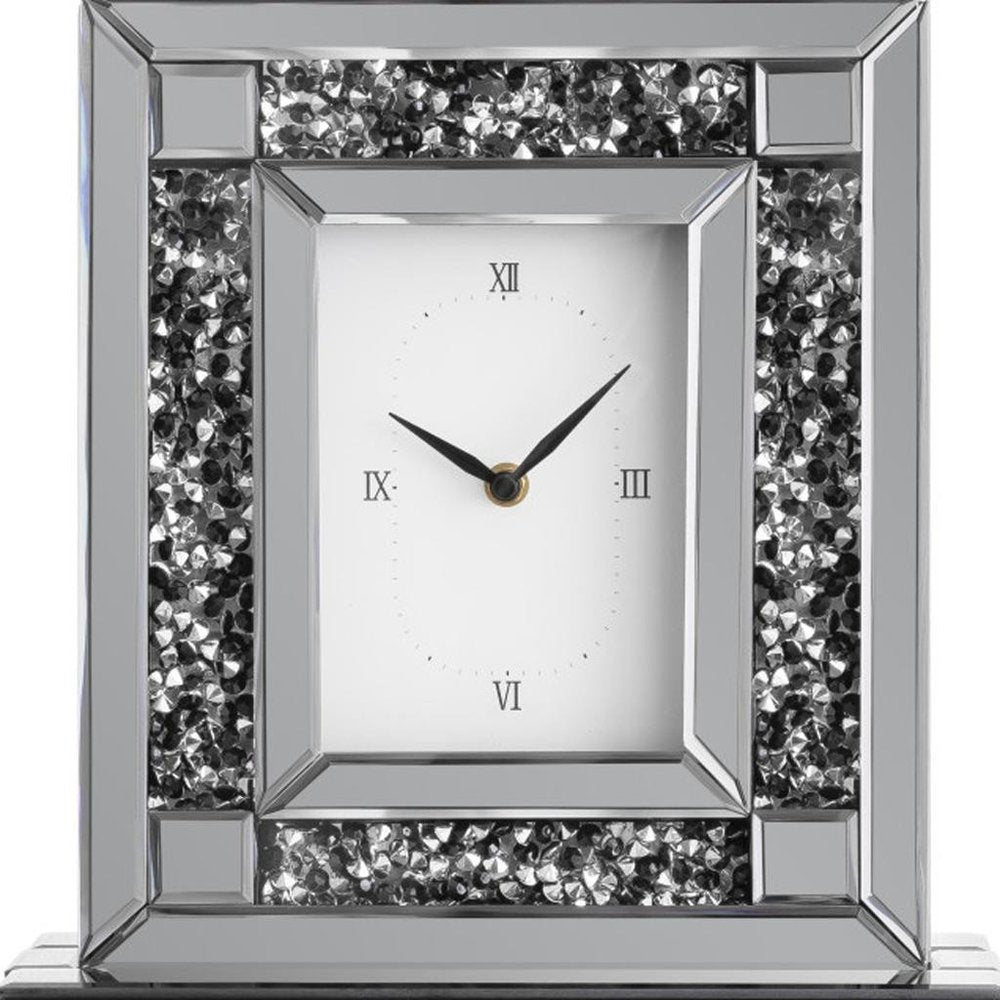 16" Silver And Black Faux Crystal And Mirrored Glass Table Clock HomeRoots