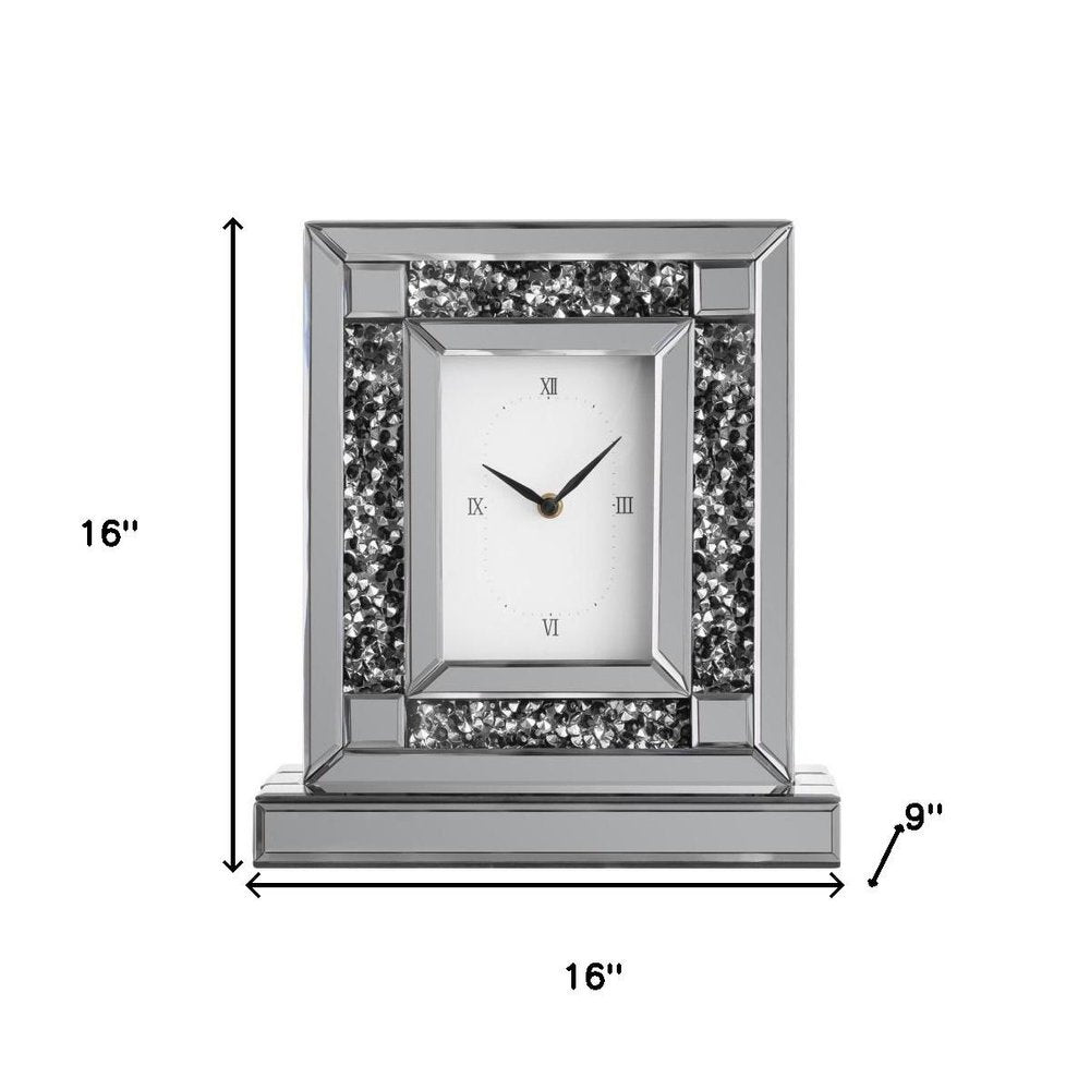 16" Silver And Black Faux Crystal And Mirrored Glass Table Clock HomeRoots