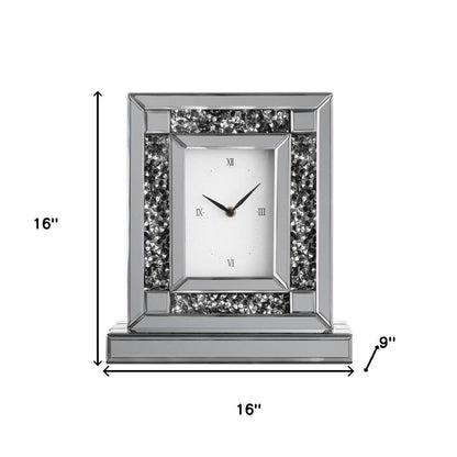 16" Silver And Black Faux Crystal And Mirrored Glass Table Clock HomeRoots