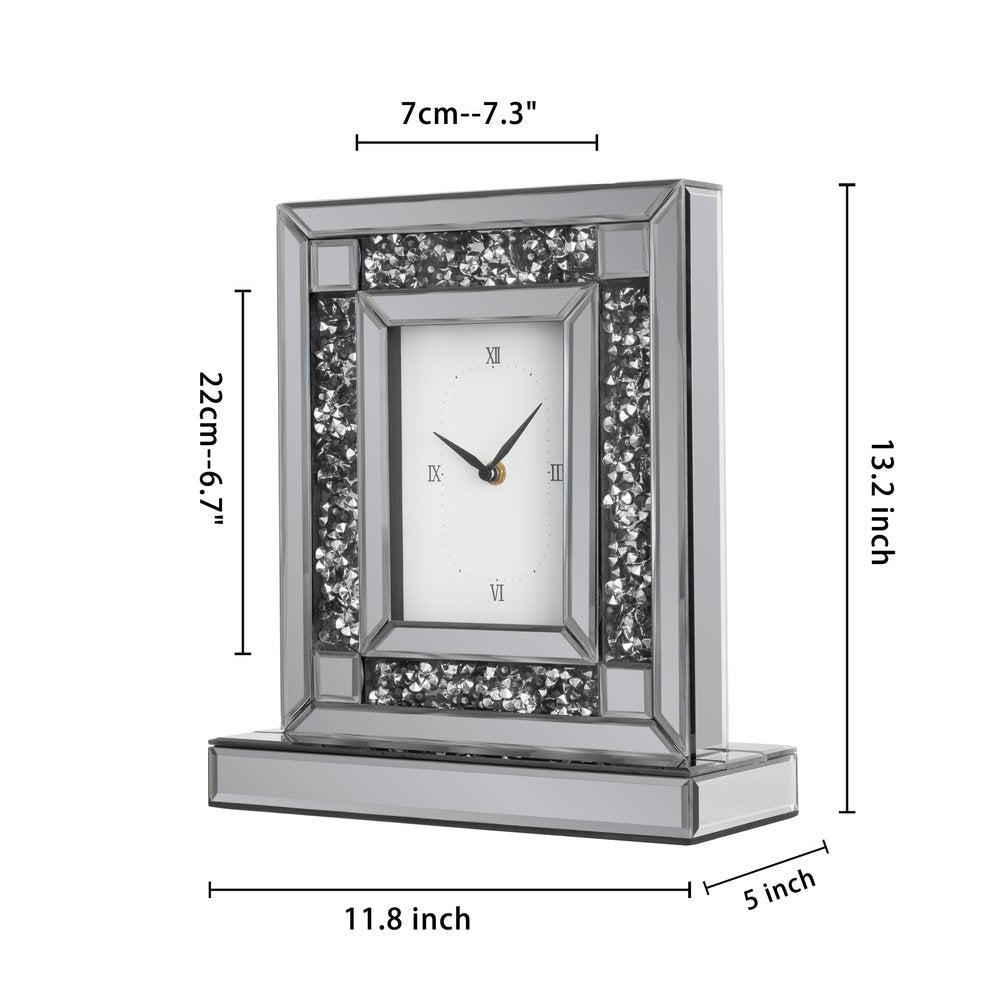 16" Silver And Black Faux Crystal And Mirrored Glass Table Clock HomeRoots