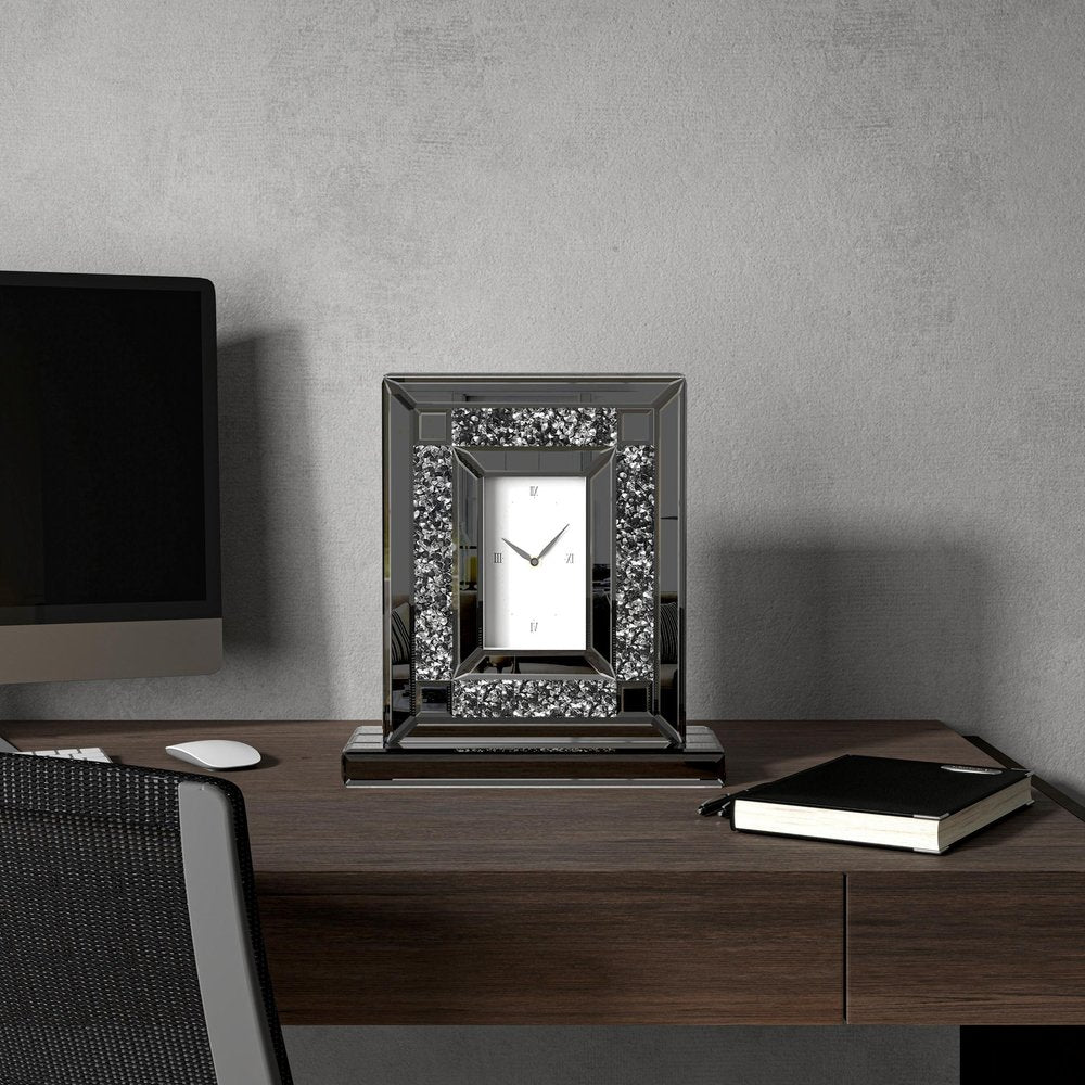 16" Silver And Black Faux Crystal And Mirrored Glass Table Clock HomeRoots