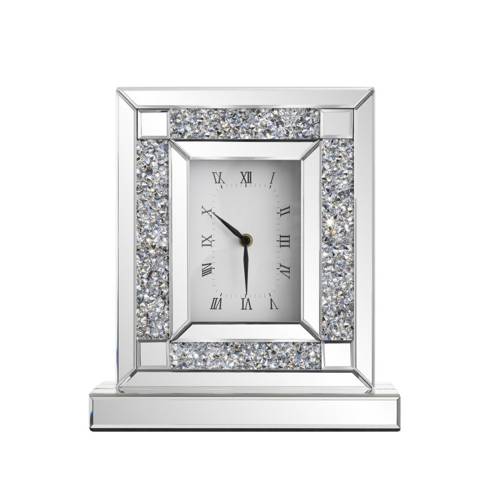 16" Silver And White Faux Crystal And Mirrored Glass Table Clock HomeRoots