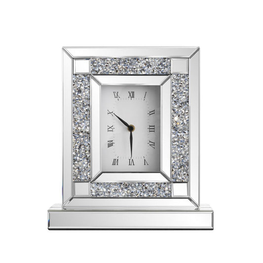 16" Silver And White Faux Crystal And Mirrored Glass Table Clock HomeRoots