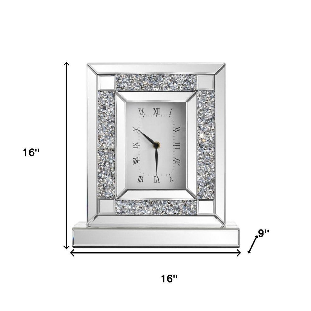 16" Silver And White Faux Crystal And Mirrored Glass Table Clock HomeRoots