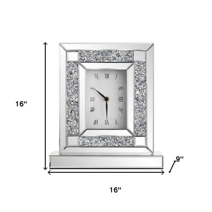 16" Silver And White Faux Crystal And Mirrored Glass Table Clock HomeRoots