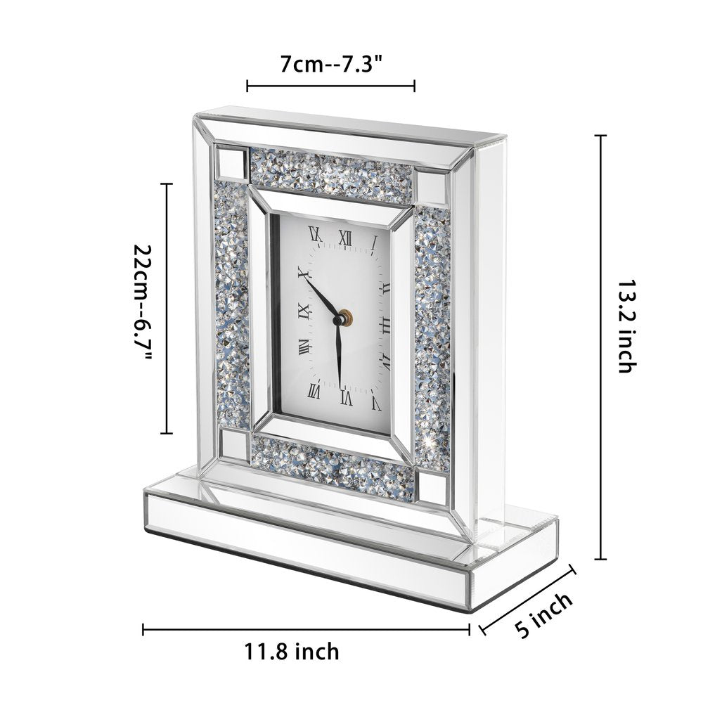 16" Silver And White Faux Crystal And Mirrored Glass Table Clock HomeRoots