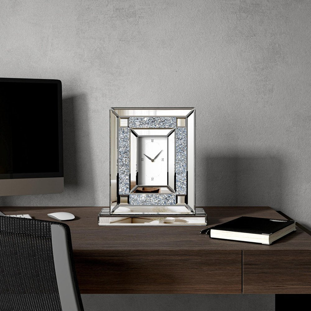 16" Silver And White Faux Crystal And Mirrored Glass Table Clock HomeRoots
