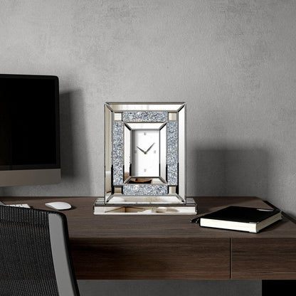 16" Silver And White Faux Crystal And Mirrored Glass Table Clock HomeRoots