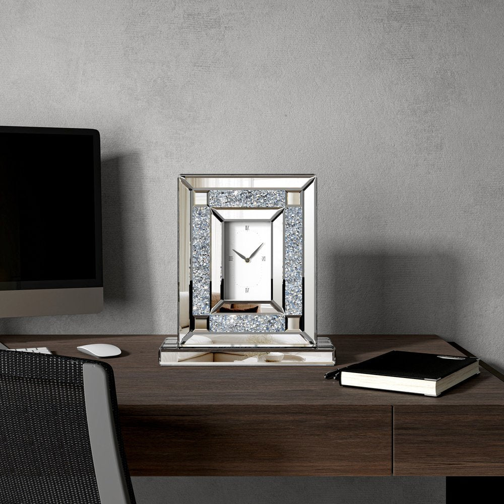 16" Silver And White Faux Crystal And Mirrored Glass Table Clock HomeRoots