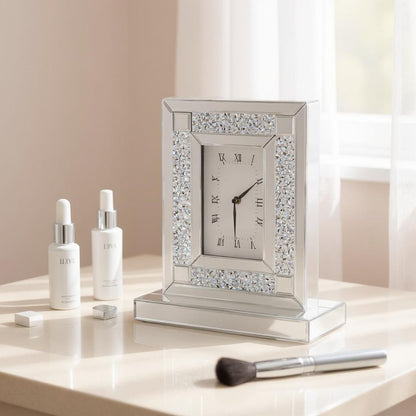 16" Silver And White Faux Crystal And Mirrored Glass Table Clock HomeRoots