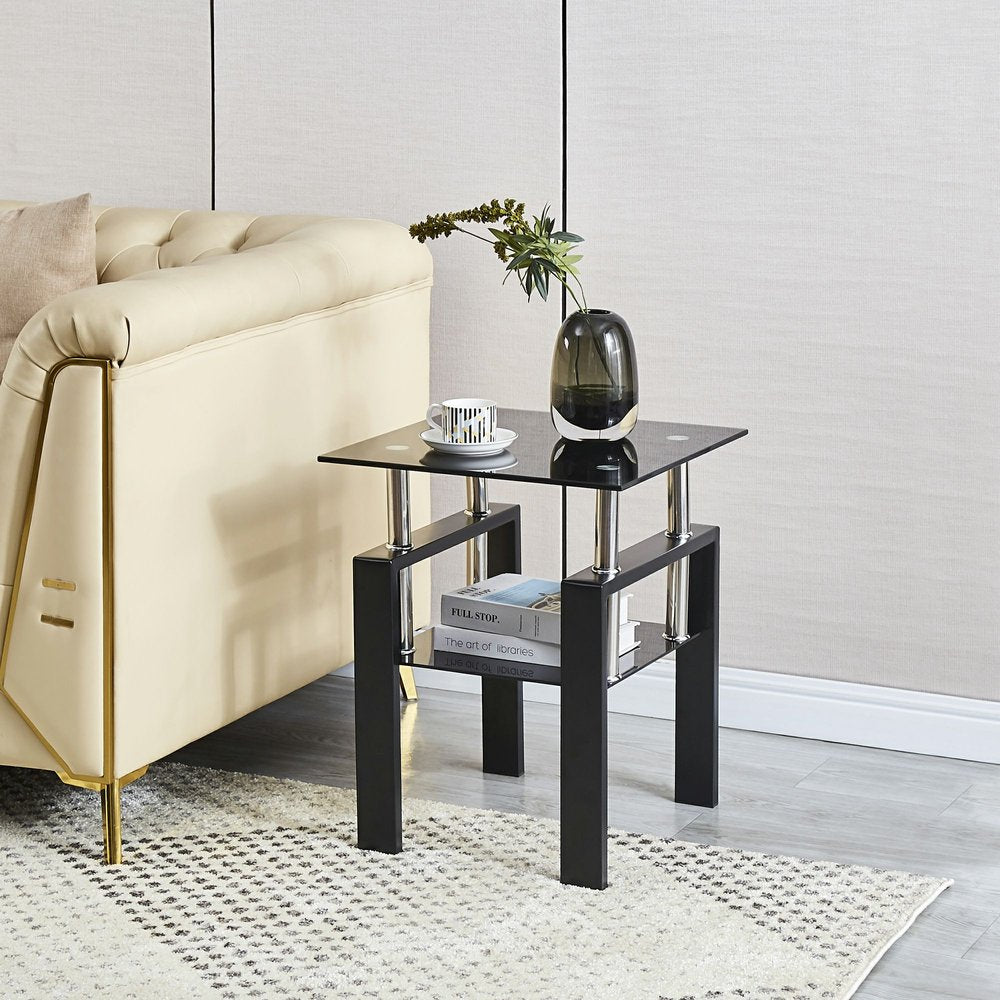 Black Glass and Metal Square End Tables With Shelf HomeRoots