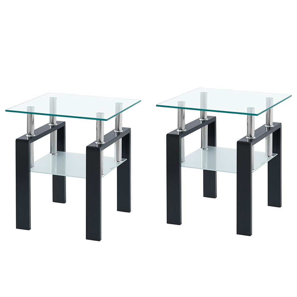 Set of Two Clear and Black Glass and Metal Square End Tables With Shelf HomeRoots
