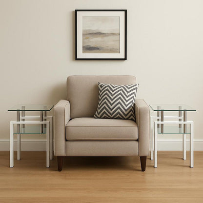 Set of Two Clear and White Glass and Metal Square End Tables With Shelf HomeRoots