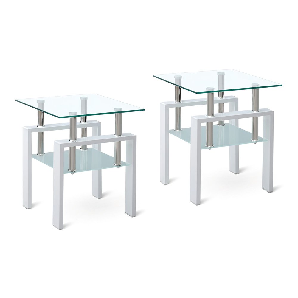 Set of Two Clear and White Glass and Metal Square End Tables With Shelf HomeRoots