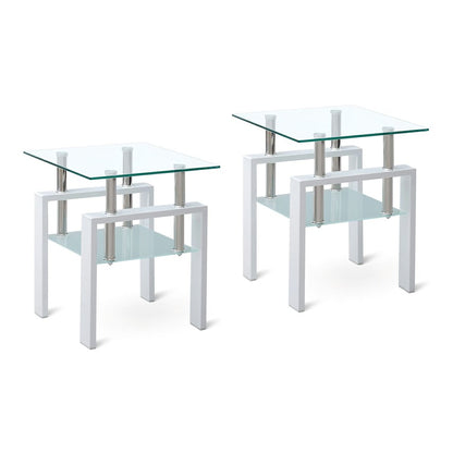 Set of Two Clear and White Glass and Metal Square End Tables With Shelf HomeRoots