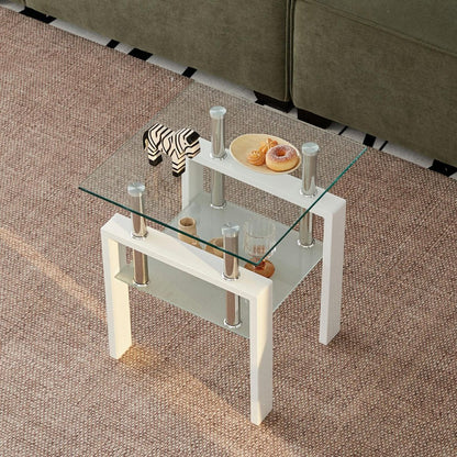 Set of Two Clear and White Glass and Metal Square End Tables With Shelf HomeRoots