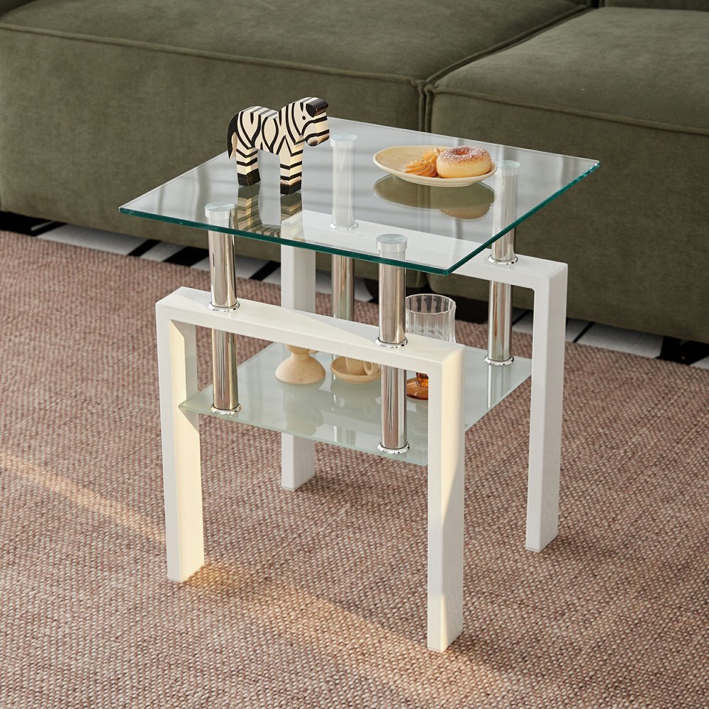 Set of Two Clear and White Glass and Metal Square End Tables With Shelf HomeRoots