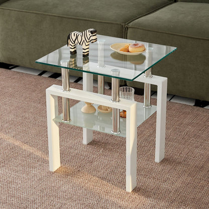 Set of Two Clear and White Glass and Metal Square End Tables With Shelf HomeRoots