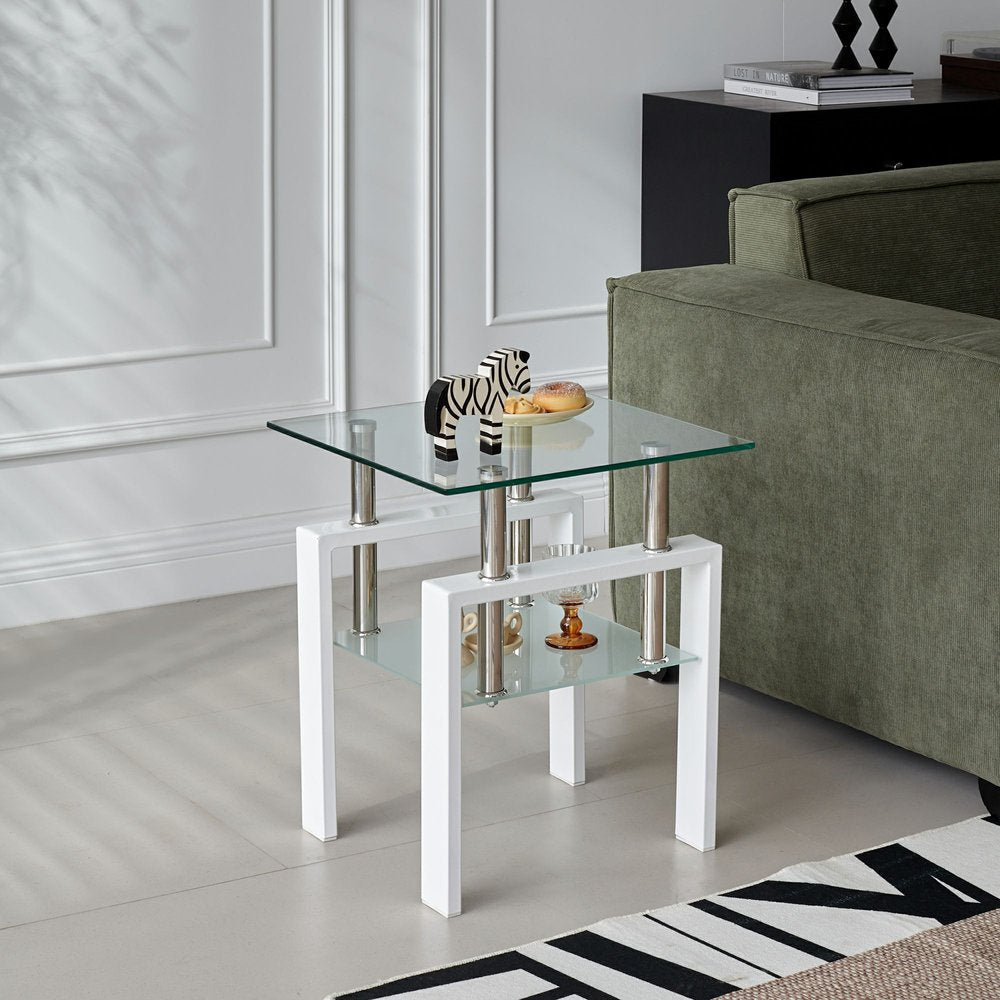 Set of Two Clear and White Glass and Metal Square End Tables With Shelf HomeRoots