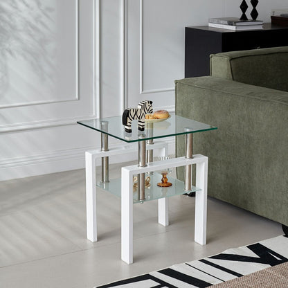 Set of Two Clear and White Glass and Metal Square End Tables With Shelf HomeRoots