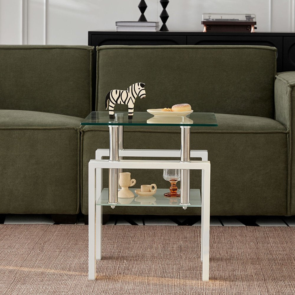 Set of Two Clear and White Glass and Metal Square End Tables With Shelf HomeRoots