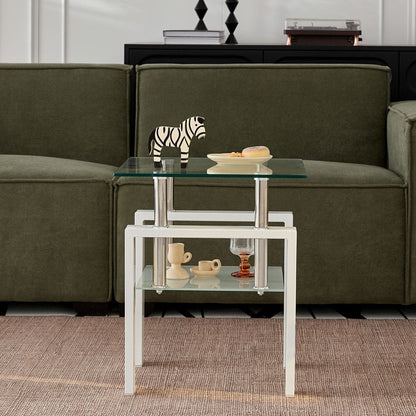 Set of Two Clear and White Glass and Metal Square End Tables With Shelf HomeRoots