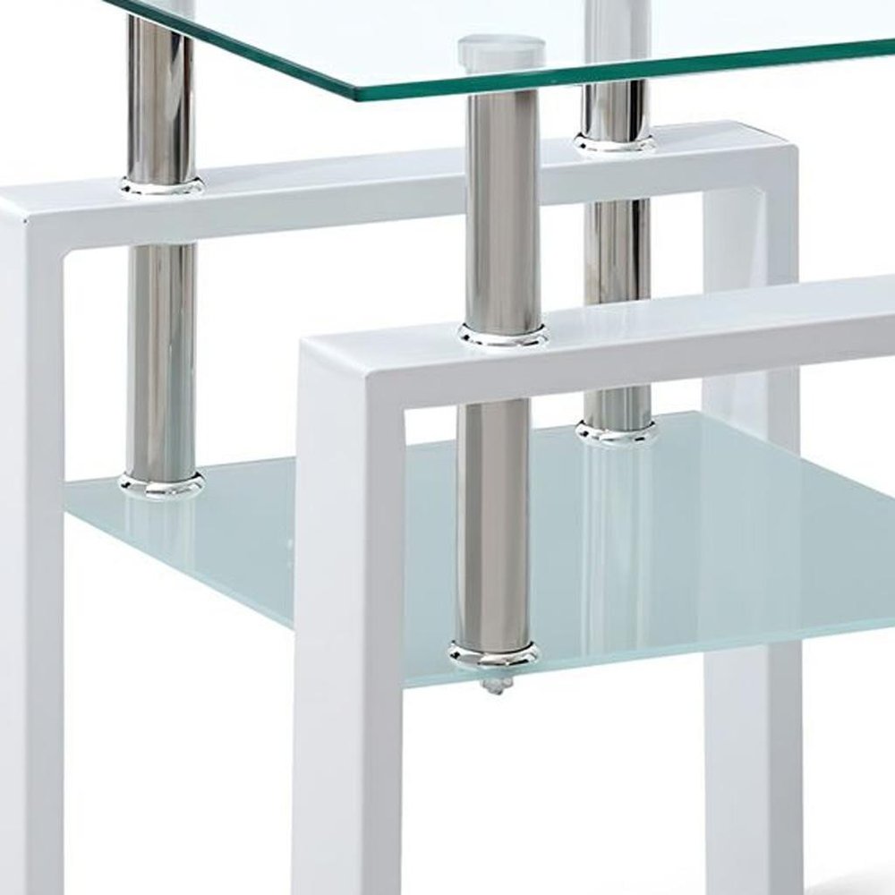 Set of Two Clear and White Glass and Metal Square End Tables With Shelf HomeRoots