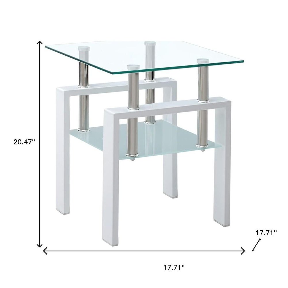Set of Two Clear and White Glass and Metal Square End Tables With Shelf HomeRoots