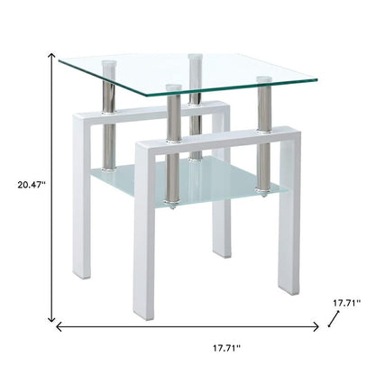 Set of Two Clear and White Glass and Metal Square End Tables With Shelf HomeRoots