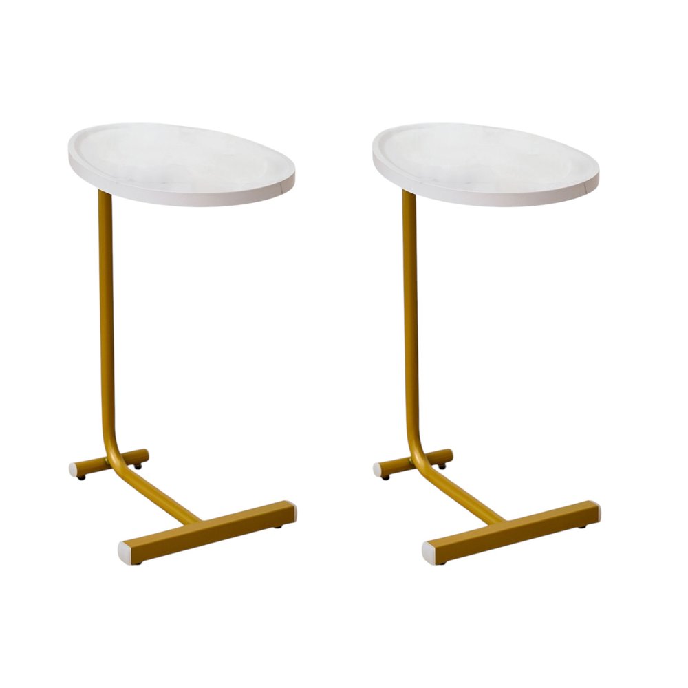 Set of Two White and Gold Faux Marble and Metal Oval End Tables HomeRoots
