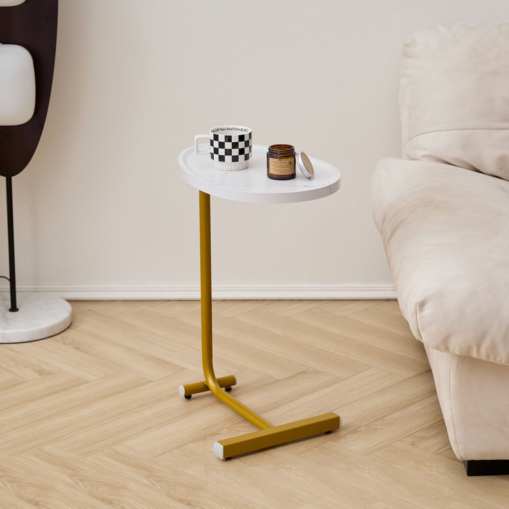 Set of Two White and Gold Faux Marble and Metal Oval End Tables HomeRoots