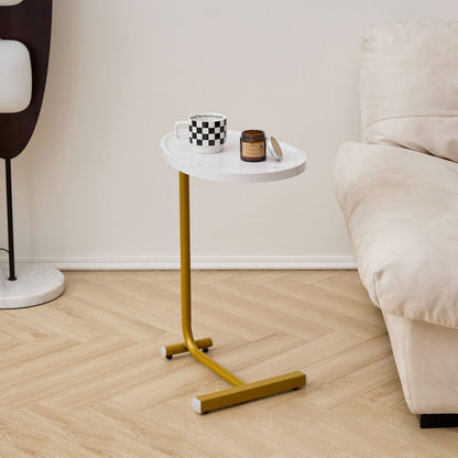 Set of Two White and Gold Faux Marble and Metal Oval End Tables HomeRoots