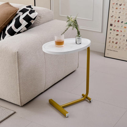 Set of Two White and Gold Faux Marble and Metal Oval End Tables HomeRoots