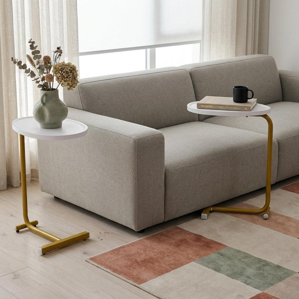 Set of Two White and Gold Faux Marble and Metal Oval End Tables HomeRoots