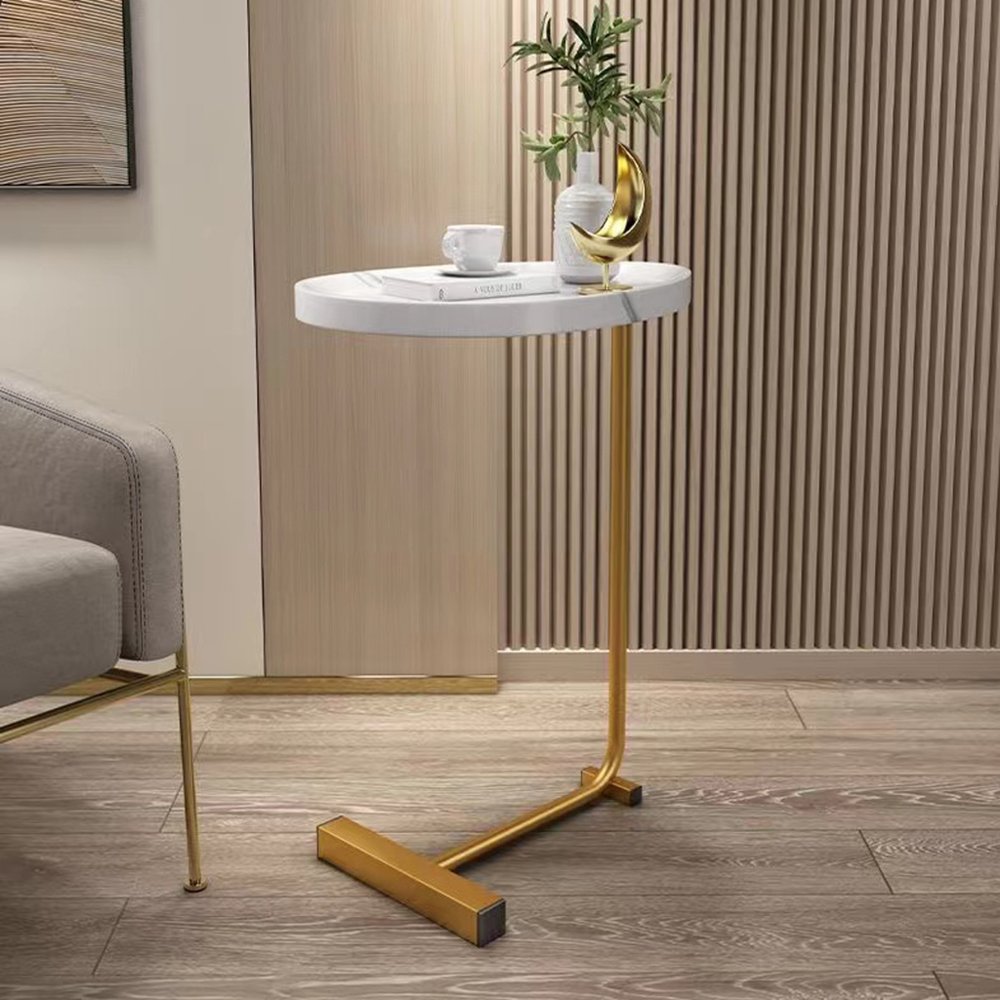 24" White and Gold Faux Marble and Metal Oval End Table HomeRoots
