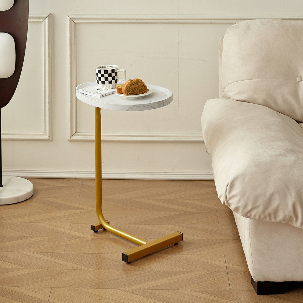 24" White and Gold Faux Marble and Metal Oval End Table HomeRoots