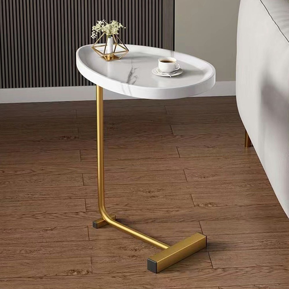 24" White and Gold Faux Marble and Metal Oval End Table HomeRoots