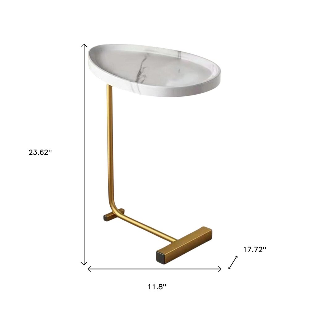 24" White and Gold Faux Marble and Metal Oval End Table HomeRoots