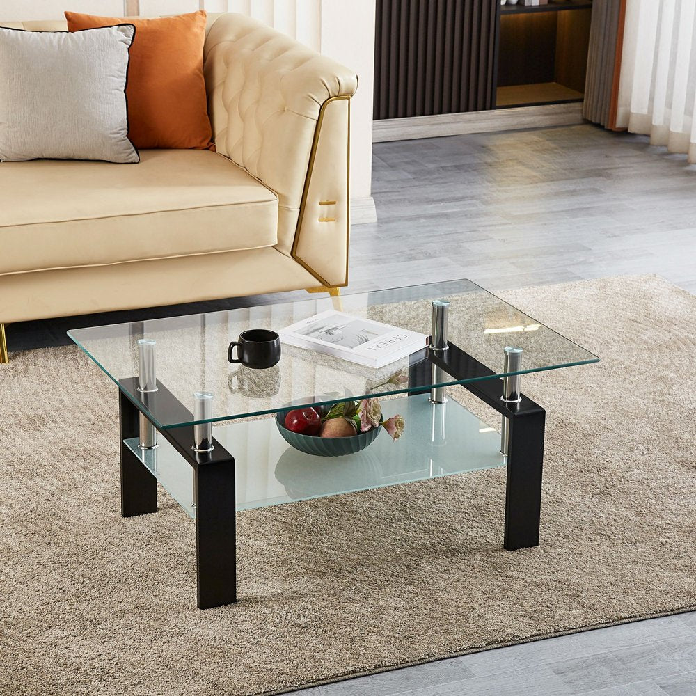 39" Clear and Black Glass and Steel Coffee Table With Shelf HomeRoots