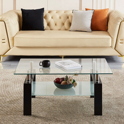 39" Clear and Black Glass and Steel Coffee Table With Shelf HomeRoots