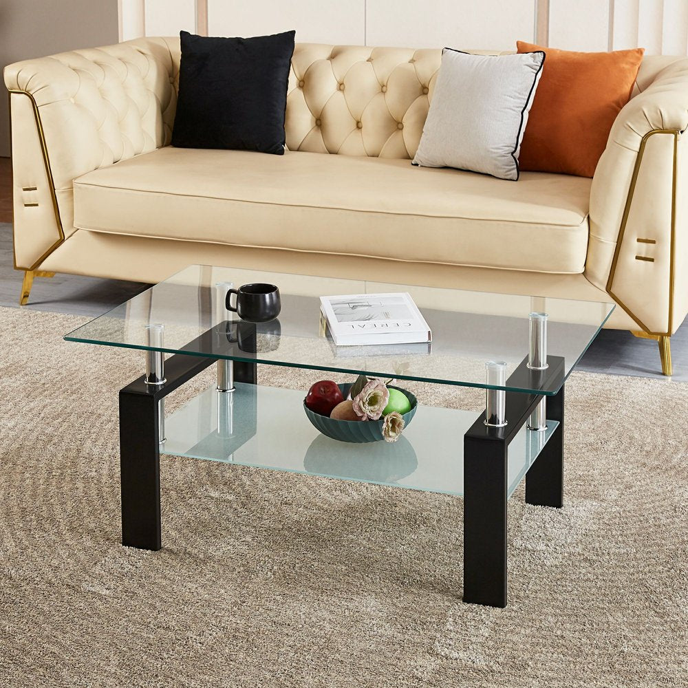 39" Clear and Black Glass and Steel Coffee Table With Shelf HomeRoots