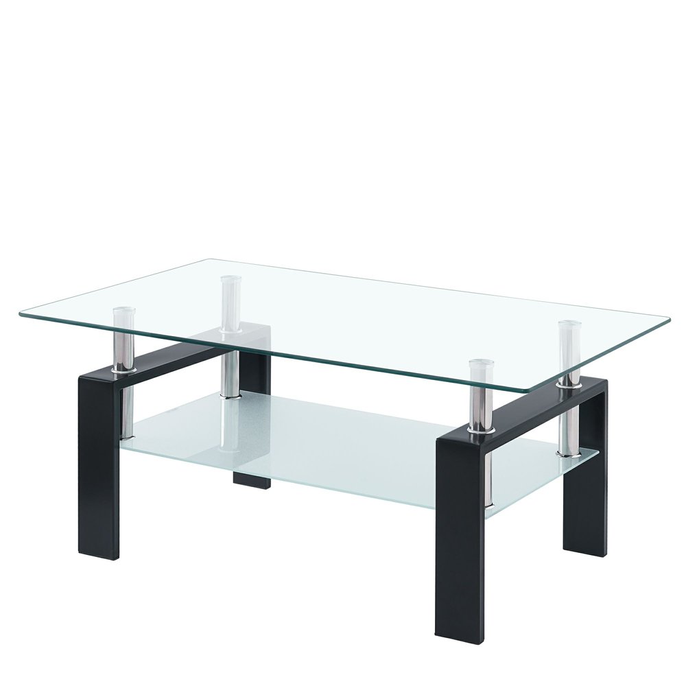 39" Clear and Black Glass and Steel Coffee Table With Shelf HomeRoots