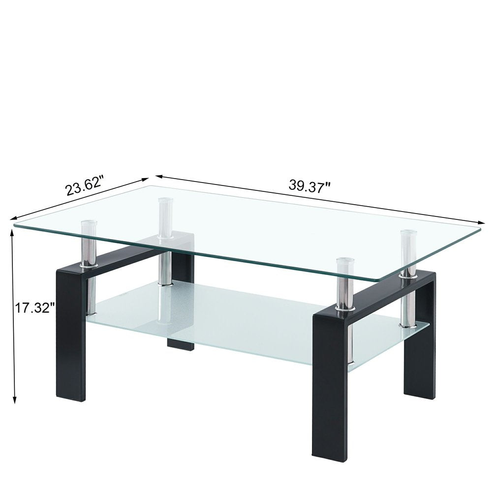 39" Clear and Black Glass and Steel Coffee Table With Shelf HomeRoots
