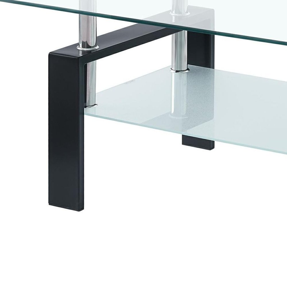 39" Clear and Black Glass and Steel Coffee Table With Shelf HomeRoots