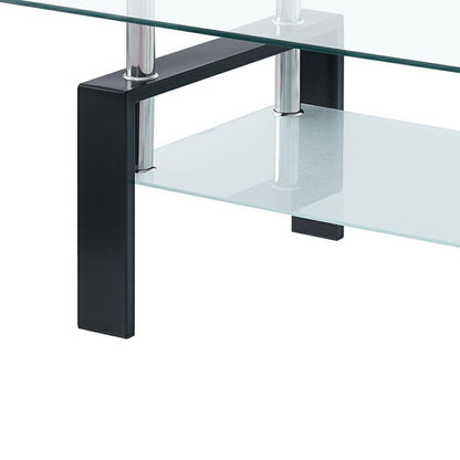 39" Clear and Black Glass and Steel Coffee Table With Shelf HomeRoots