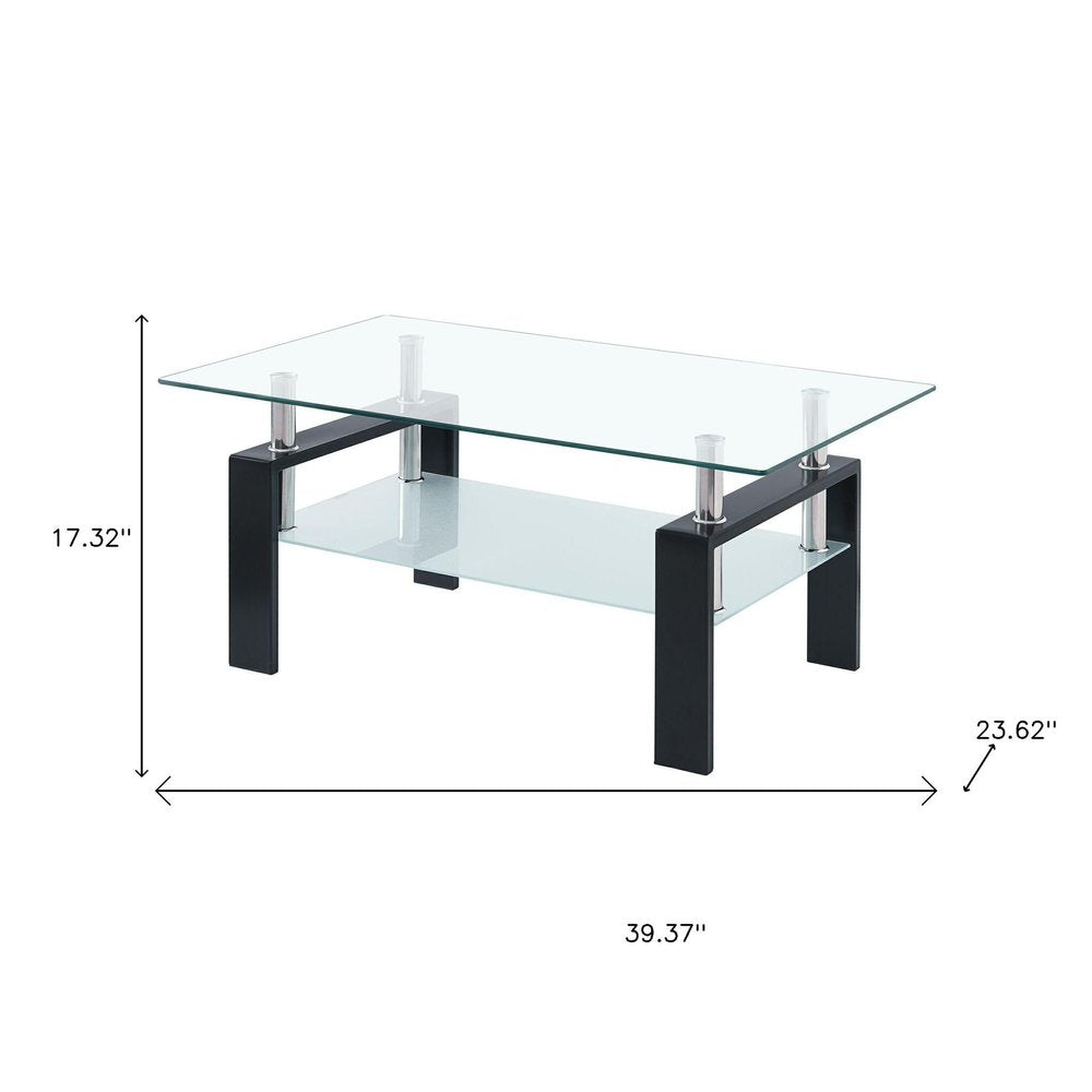 39" Clear and Black Glass and Steel Coffee Table With Shelf HomeRoots