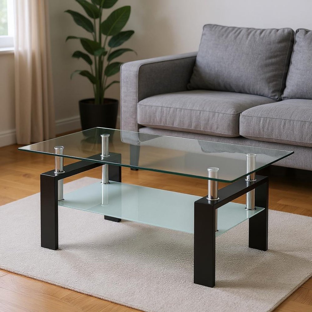 39" Clear and Black Glass and Steel Coffee Table With Shelf HomeRoots